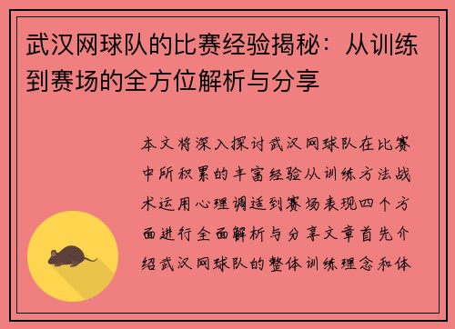 武汉网球队的比赛经验揭秘：从训练到赛场的全方位解析与分享