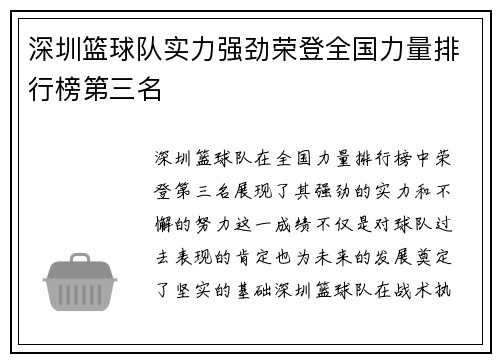 深圳篮球队实力强劲荣登全国力量排行榜第三名